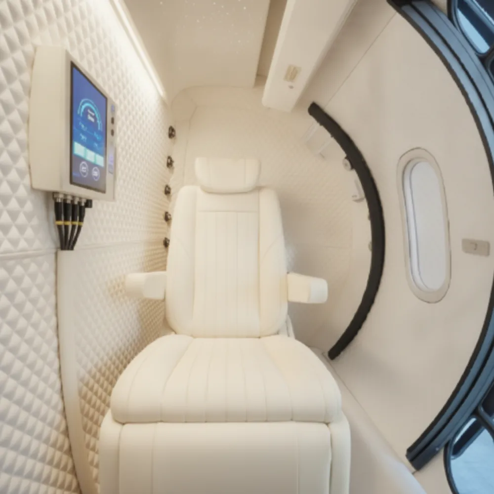 Atlas One cabin interior — polished white leather