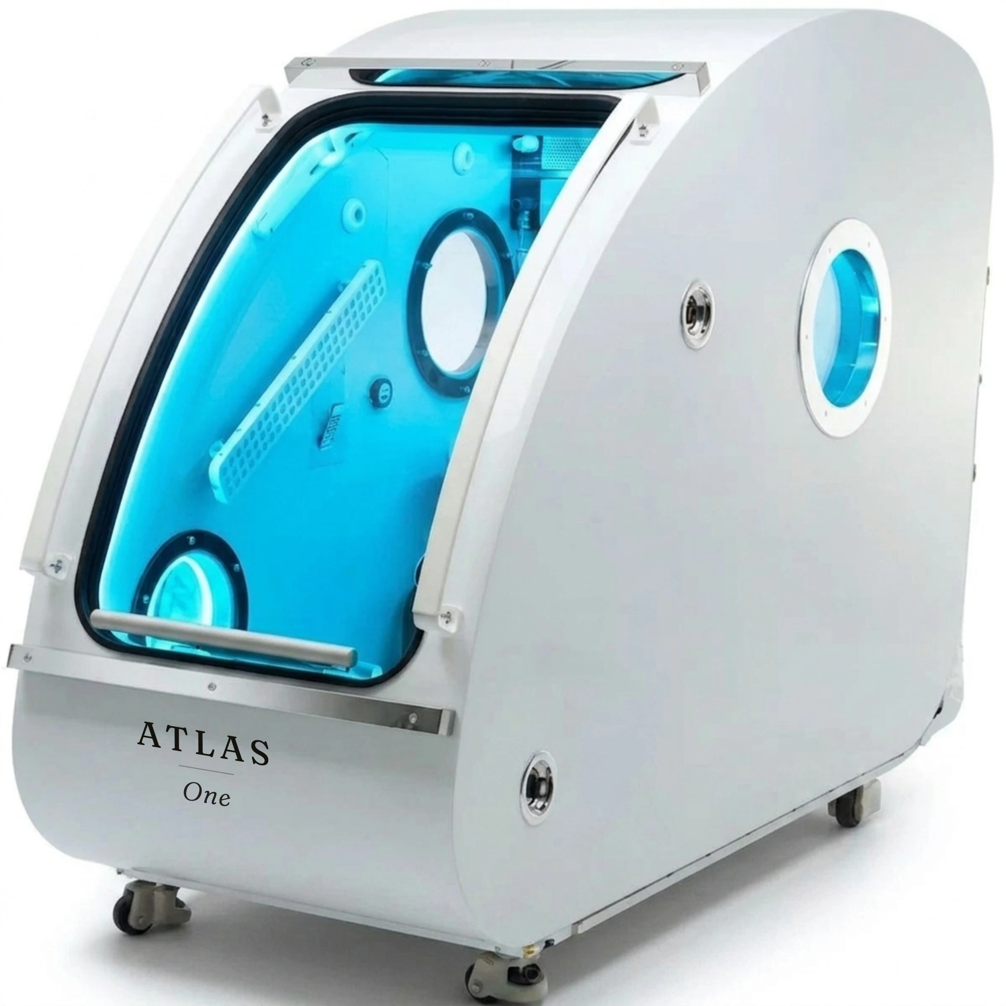 Atlas One hard-shell hyperbaric chamber with the door open