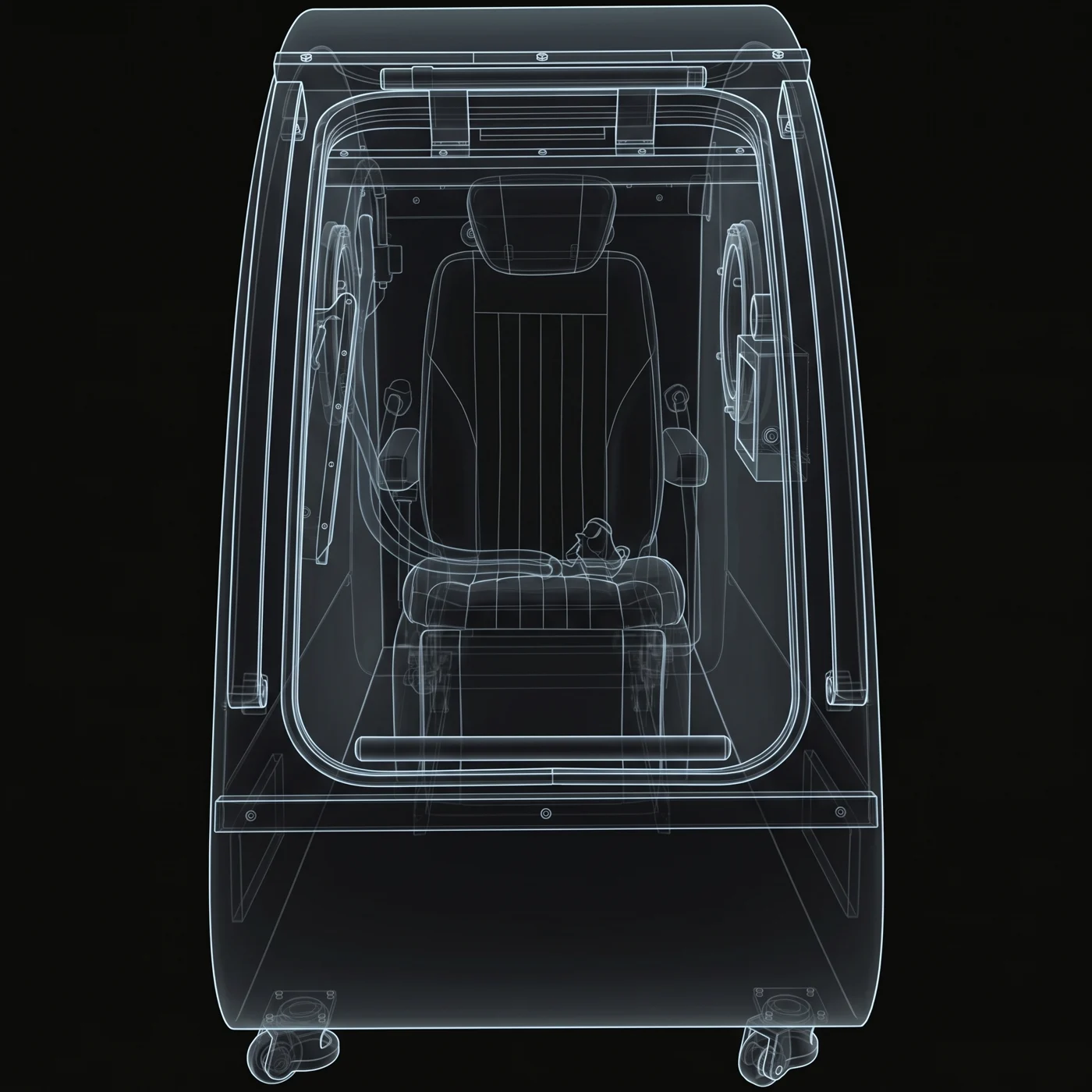 X-ray line drawing of Atlas One from the front: the curved door, the seat and headrest inside, the base and castors
