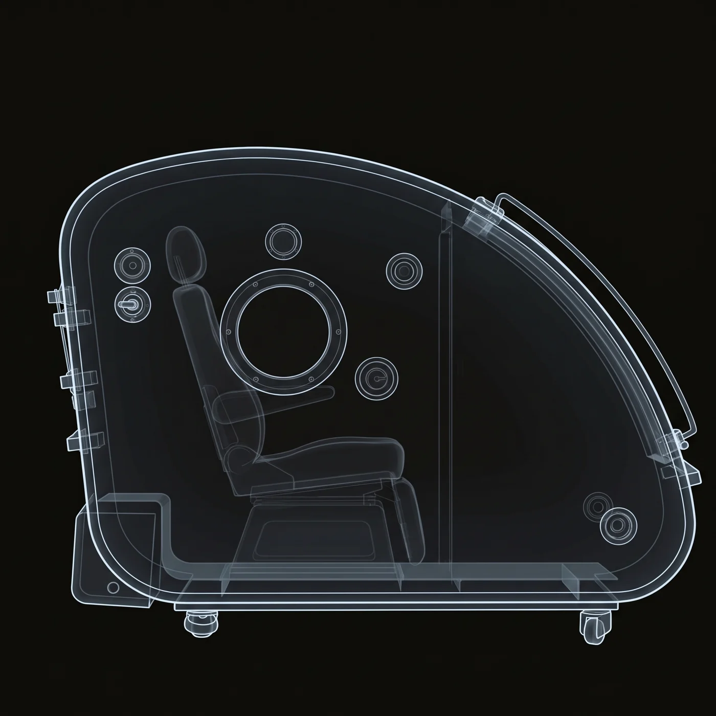 X-ray line drawing of Atlas One from the side: the long rounded shell, the porthole, the seat inside, the base and castors