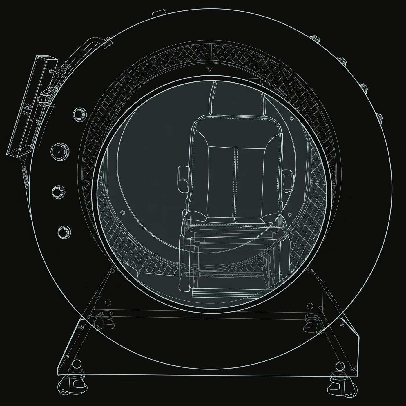 X-ray line drawing of Aurora from the end: the round steel shell, the round window, the seat inside, the base and castors