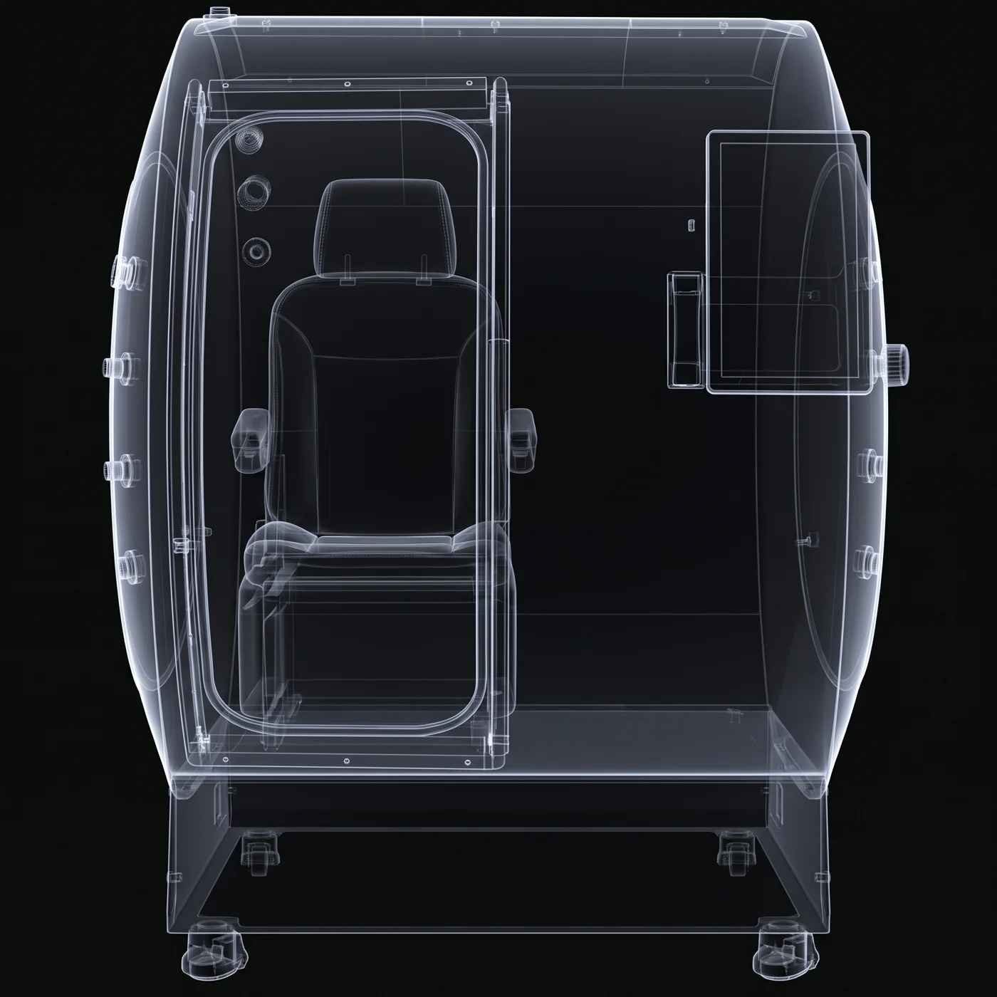 X-ray line drawing of Aurora from the side: the transparent door, the seat inside, the touchscreen, the base and castors