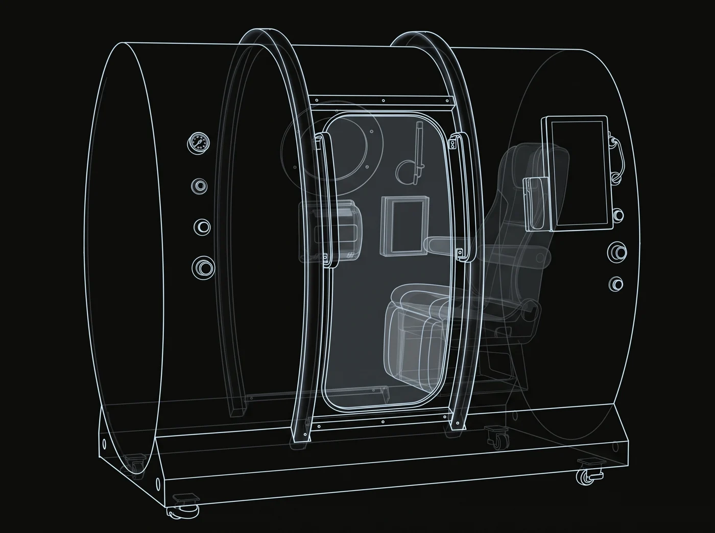 X-ray line drawing of Solaris Duo from the side: the transparent door, a seat inside, the touchscreen, the base and castors