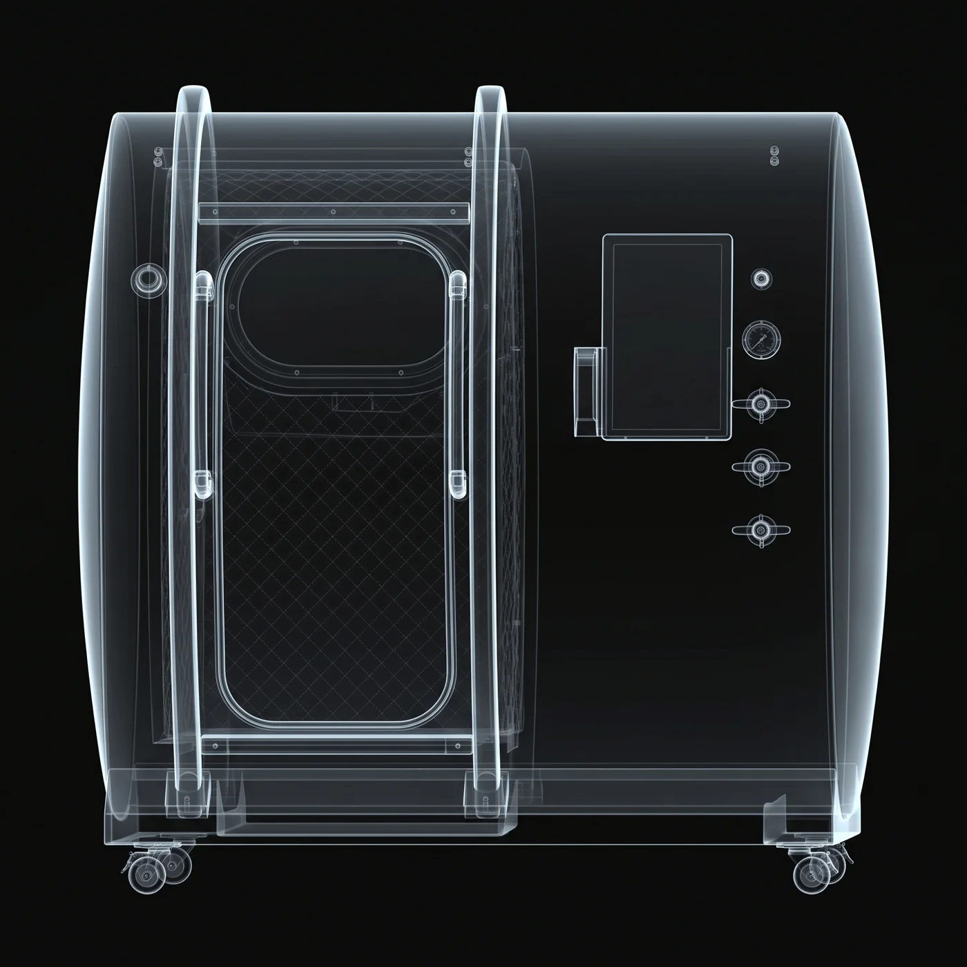 X-ray line drawing of Solaris Mono from the side: the transparent door, the touchscreen beside it, the base and castors