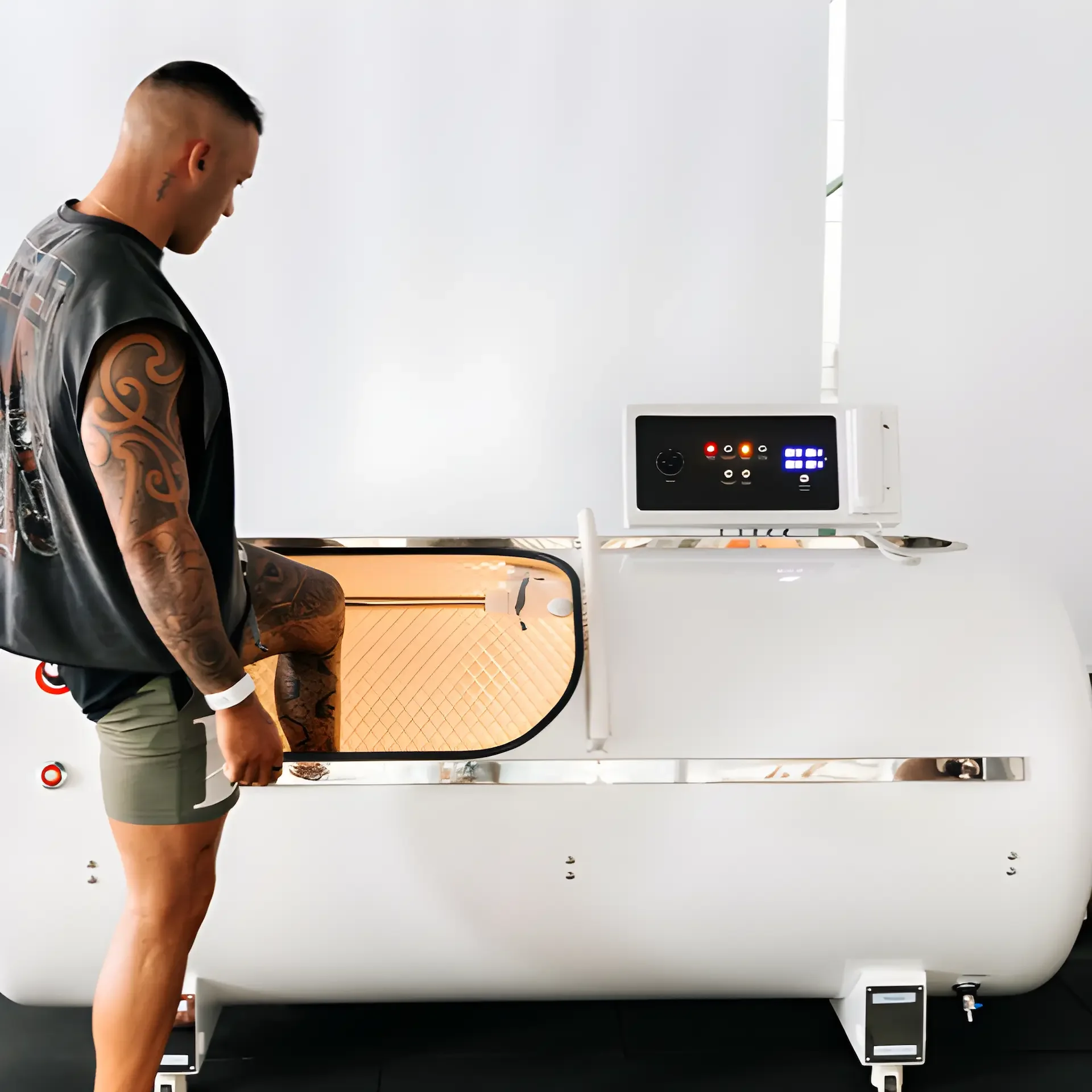 Stepping into a hyperbaric chamber at a partner clinic